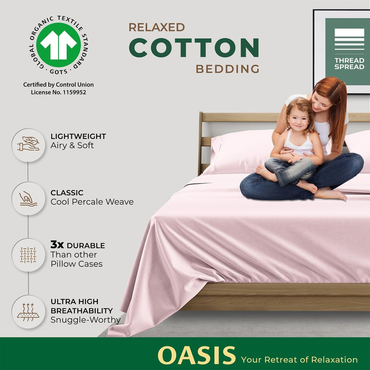 100% Organic Cotton Pillow Cases Standard Size - Natural Cotton Pillow Cases Queen Size Set of 2 (Blush), Soft, Cooling, Crisp & Breathable Percale Weave Pillowcase, GOTS Certified