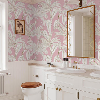 Pink and White Tropical Wallpaper Jungle Palm Tree Peel and Stick Wallpaper Pink Floral Contact Paper for Cabinets Walls Mural 17.7"x118" Self Adhesive Removable Vinyl Roll for Girls Bedroom