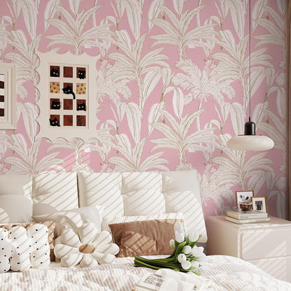 Pink and White Tropical Wallpaper Jungle Palm Tree Peel and Stick Wallpaper Pink Floral Contact Paper for Cabinets Walls Mural 17.7"x118" Self Adhesive Removable Vinyl Roll for Girls Bedroom