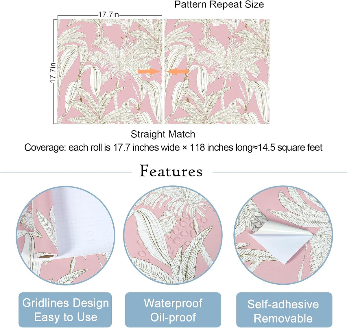 Pink and White Tropical Wallpaper Jungle Palm Tree Peel and Stick Wallpaper Pink Floral Contact Paper for Cabinets Walls Mural 17.7"x118" Self Adhesive Removable Vinyl Roll for Girls Bedroom