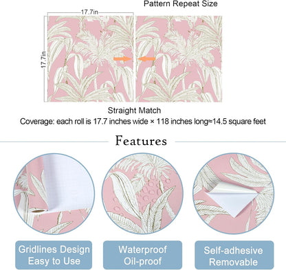 Pink and White Tropical Wallpaper Jungle Palm Tree Peel and Stick Wallpaper Pink Floral Contact Paper for Cabinets Walls Mural 17.7"x118" Self Adhesive Removable Vinyl Roll for Girls Bedroom