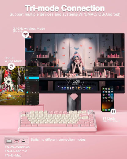 F75 75% Wireless Mechanical Keyboard, Hot Swappable Pink Creamy Keyboard, Pre-lubed Linear Switches, PBT Keycaps, 2.4GHz/Type-C/BT5.0, RGB Backlit Computer Gaming Keyboards for Office/Laptop/PC