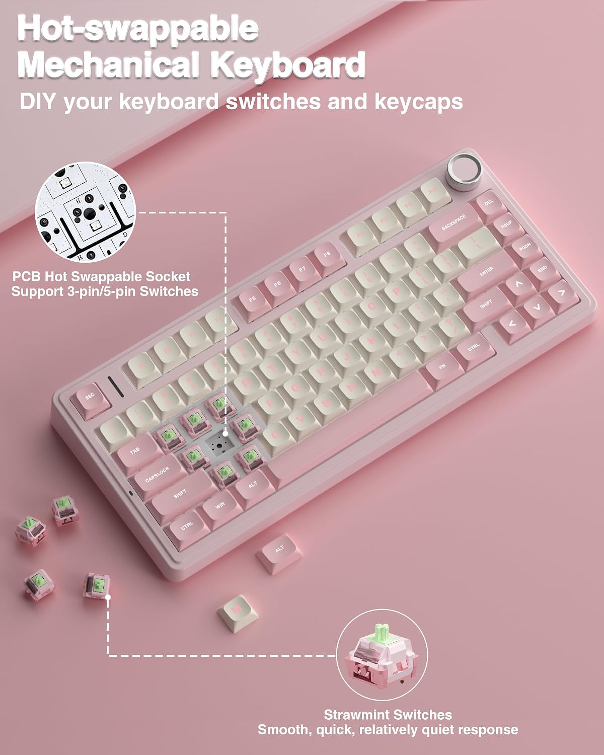 F75 75% Wireless Mechanical Keyboard, Hot Swappable Pink Creamy Keyboard, Pre-lubed Linear Switches, PBT Keycaps, 2.4GHz/Type-C/BT5.0, RGB Backlit Computer Gaming Keyboards for Office/Laptop/PC