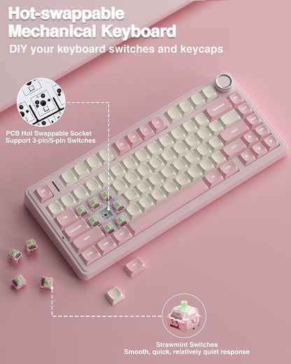F75 75% Wireless Mechanical Keyboard, Hot Swappable Pink Creamy Keyboard, Pre-lubed Linear Switches, PBT Keycaps, 2.4GHz/Type-C/BT5.0, RGB Backlit Computer Gaming Keyboards for Office/Laptop/PC
