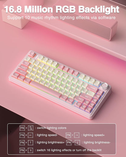 F75 75% Wireless Mechanical Keyboard, Hot Swappable Pink Creamy Keyboard, Pre-lubed Linear Switches, PBT Keycaps, 2.4GHz/Type-C/BT5.0, RGB Backlit Computer Gaming Keyboards for Office/Laptop/PC