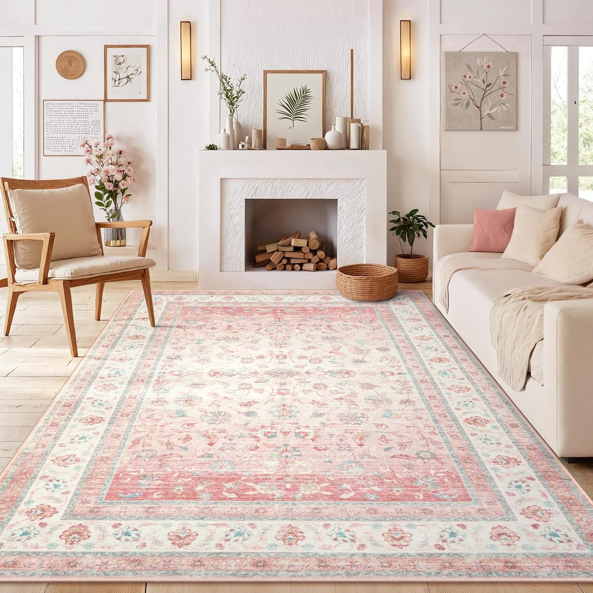 Pink Area Rug for Living Room, 8x10 Soft Washable Boho Floral Area Rugs, Non Slip Stain Resistant Large Rug for Nursery, Bedroom, Dining Room, Farmhouse