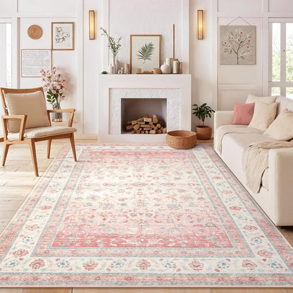 Pink Area Rug for Living Room, 8x10 Soft Washable Boho Floral Area Rugs, Non Slip Stain Resistant Large Rug for Nursery, Bedroom, Dining Room, Farmhouse