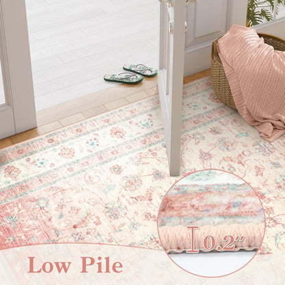 Pink Area Rug for Living Room, 8x10 Soft Washable Boho Floral Area Rugs, Non Slip Stain Resistant Large Rug for Nursery, Bedroom, Dining Room, Farmhouse