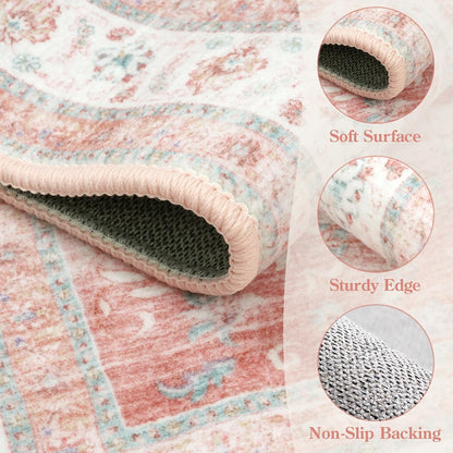 Pink Area Rug for Living Room, 8x10 Soft Washable Boho Floral Area Rugs, Non Slip Stain Resistant Large Rug for Nursery, Bedroom, Dining Room, Farmhouse