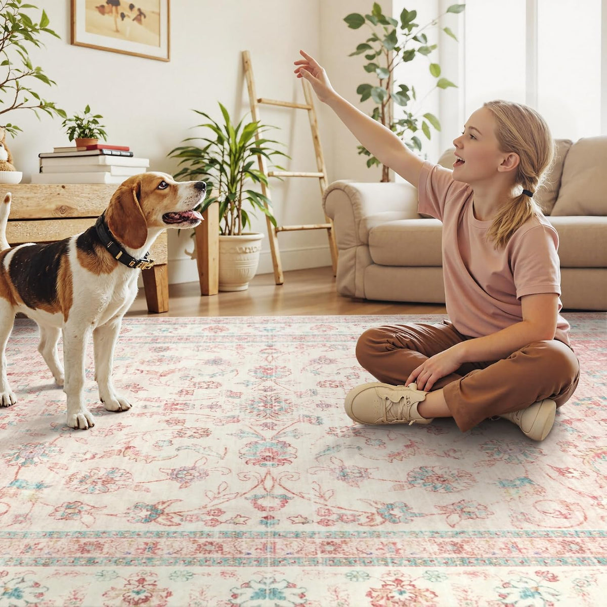 Pink Area Rug for Living Room, 8x10 Soft Washable Boho Floral Area Rugs, Non Slip Stain Resistant Large Rug for Nursery, Bedroom, Dining Room, Farmhouse