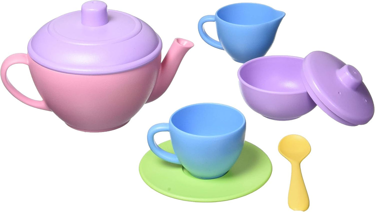Tea Set, Pink CB - 17 Piece Pretend Play, Motor Skills, Language & Communication Kids Role Play Toy. No BPA, phthalates, PVC. Dishwasher Safe, Recycled Plastic, Made in USA.