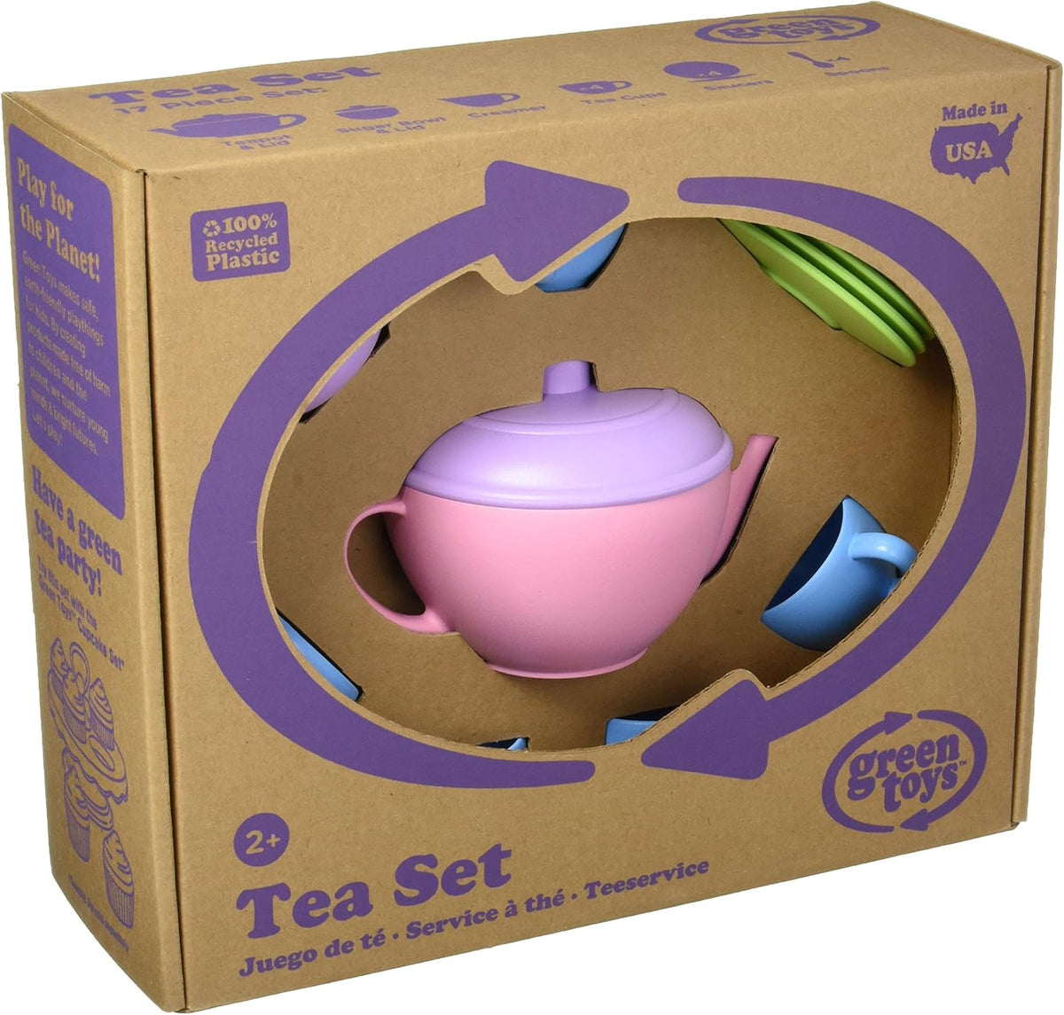 Tea Set, Pink CB - 17 Piece Pretend Play, Motor Skills, Language & Communication Kids Role Play Toy. No BPA, phthalates, PVC. Dishwasher Safe, Recycled Plastic, Made in USA.