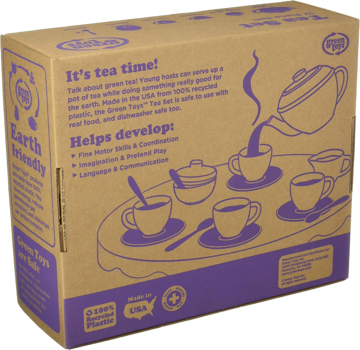 Tea Set, Pink CB - 17 Piece Pretend Play, Motor Skills, Language & Communication Kids Role Play Toy. No BPA, phthalates, PVC. Dishwasher Safe, Recycled Plastic, Made in USA.