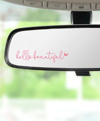Mirror Decal - Hello Beautiful Rearview Sticker, Car Accessories Window Decal, Self Affirmations Decoration (Pink)