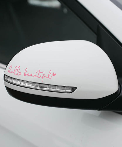 Mirror Decal - Hello Beautiful Rearview Sticker, Car Accessories Window Decal, Self Affirmations Decoration (Pink)