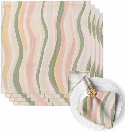 Cloth Napkins Set of 4, Light Green Pink Stripes Washable Reusable Table Dinner Napkins, Low Saturation Colorful Pattern Soft Absorbent Linen Napkin for Party Home Wedding Hotel