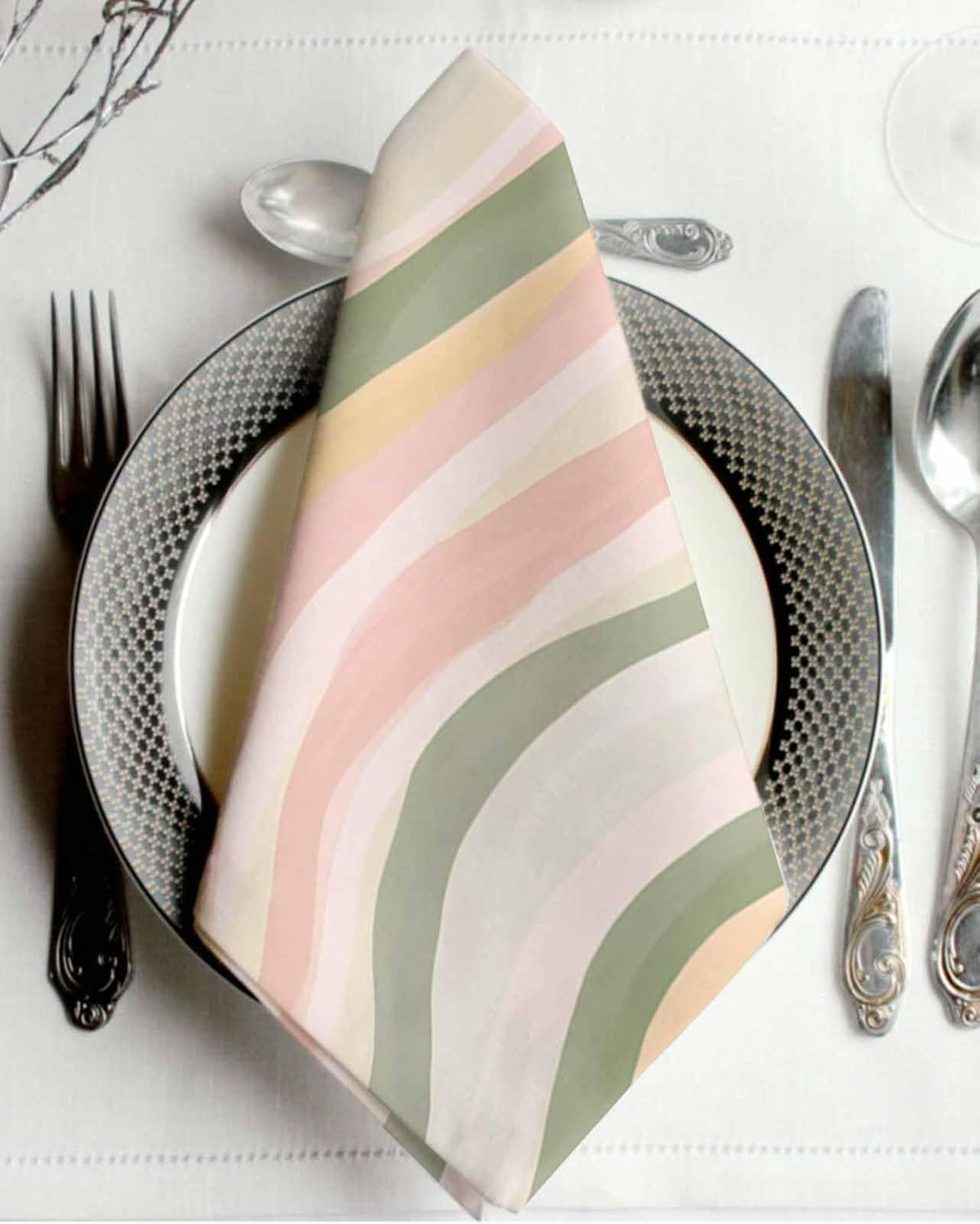 Cloth Napkins Set of 4, Light Green Pink Stripes Washable Reusable Table Dinner Napkins, Low Saturation Colorful Pattern Soft Absorbent Linen Napkin for Party Home Wedding Hotel