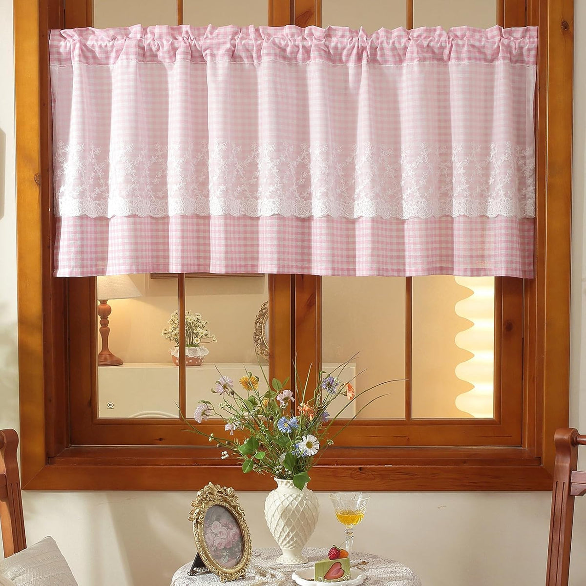 Pink and White Buffalo Check Plaid Window Valances Floral Lace Semi Sheer Kitchen Curtain Farmhouse Gingham Curtains Rod Pocket Valances for Living Room (Pink B,42"x18")