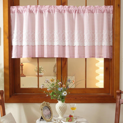 Pink and White Buffalo Check Plaid Window Valances Floral Lace Semi Sheer Kitchen Curtain Farmhouse Gingham Curtains Rod Pocket Valances for Living Room (Pink B,42"x18")
