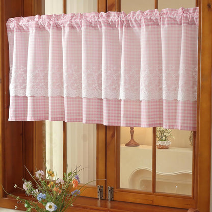 Pink and White Buffalo Check Plaid Window Valances Floral Lace Semi Sheer Kitchen Curtain Farmhouse Gingham Curtains Rod Pocket Valances for Living Room (Pink B,42"x18")