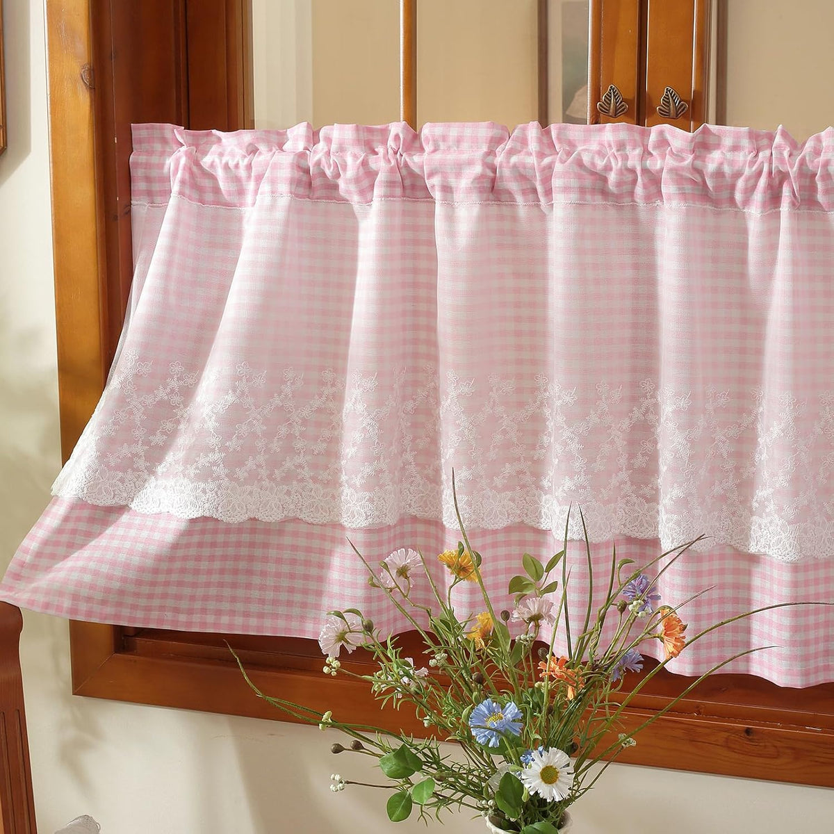 Pink and White Buffalo Check Plaid Window Valances Floral Lace Semi Sheer Kitchen Curtain Farmhouse Gingham Curtains Rod Pocket Valances for Living Room (Pink B,42"x18")
