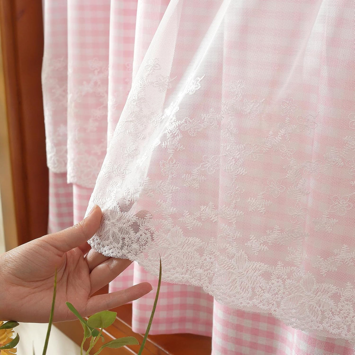 Pink and White Buffalo Check Plaid Window Valances Floral Lace Semi Sheer Kitchen Curtain Farmhouse Gingham Curtains Rod Pocket Valances for Living Room (Pink B,42"x18")