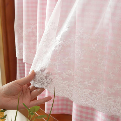 Pink and White Buffalo Check Plaid Window Valances Floral Lace Semi Sheer Kitchen Curtain Farmhouse Gingham Curtains Rod Pocket Valances for Living Room (Pink B,42"x18")