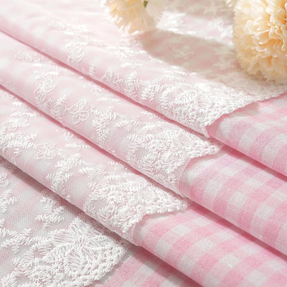 Pink and White Buffalo Check Plaid Window Valances Floral Lace Semi Sheer Kitchen Curtain Farmhouse Gingham Curtains Rod Pocket Valances for Living Room (Pink B,42"x18")