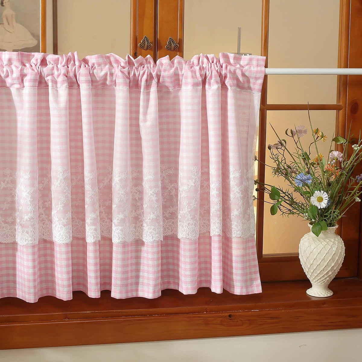 Pink and White Buffalo Check Plaid Window Valances Floral Lace Semi Sheer Kitchen Curtain Farmhouse Gingham Curtains Rod Pocket Valances for Living Room (Pink B,42"x18")