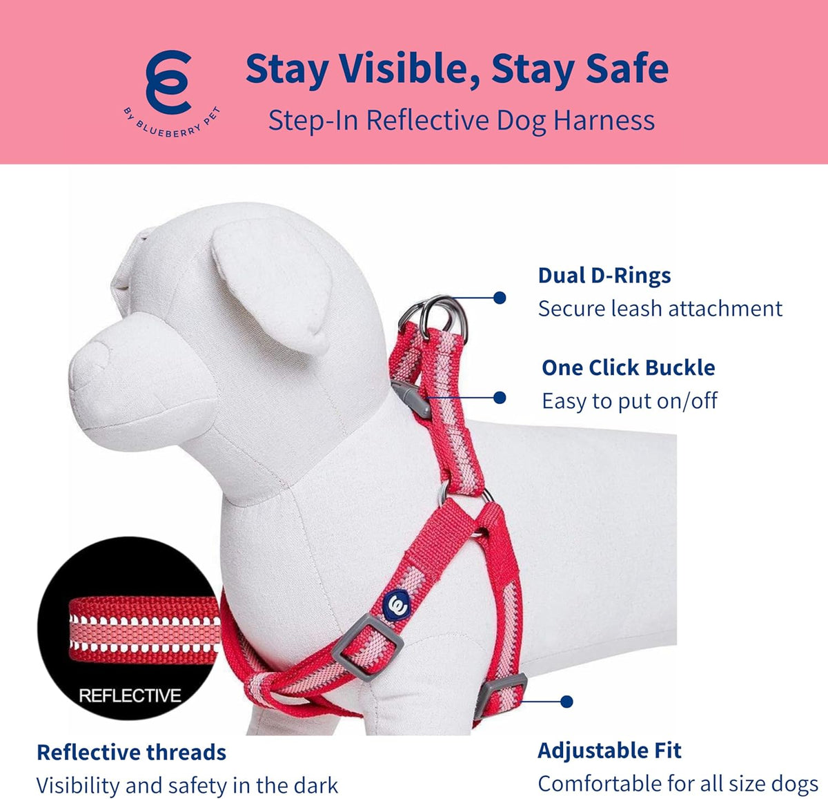 Essentials Step-in Reflective Back to Basics Dog Harness, French Pink, Chest Girth 20" - 26", Medium, Adjustable Harnesses for Dogs