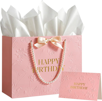 Pink Birthday Bags for Women with Pearl Handles, Tissue Paper and Card, Embossed Floral Design Happy Birthday Gift Bag for Women, Her, Female Friends，Coworkers