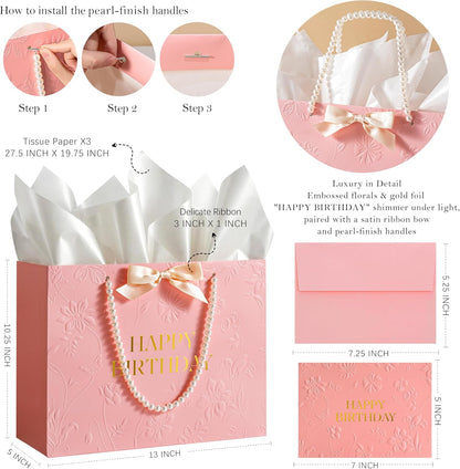 Pink Birthday Bags for Women with Pearl Handles, Tissue Paper and Card, Embossed Floral Design Happy Birthday Gift Bag for Women, Her, Female Friends，Coworkers