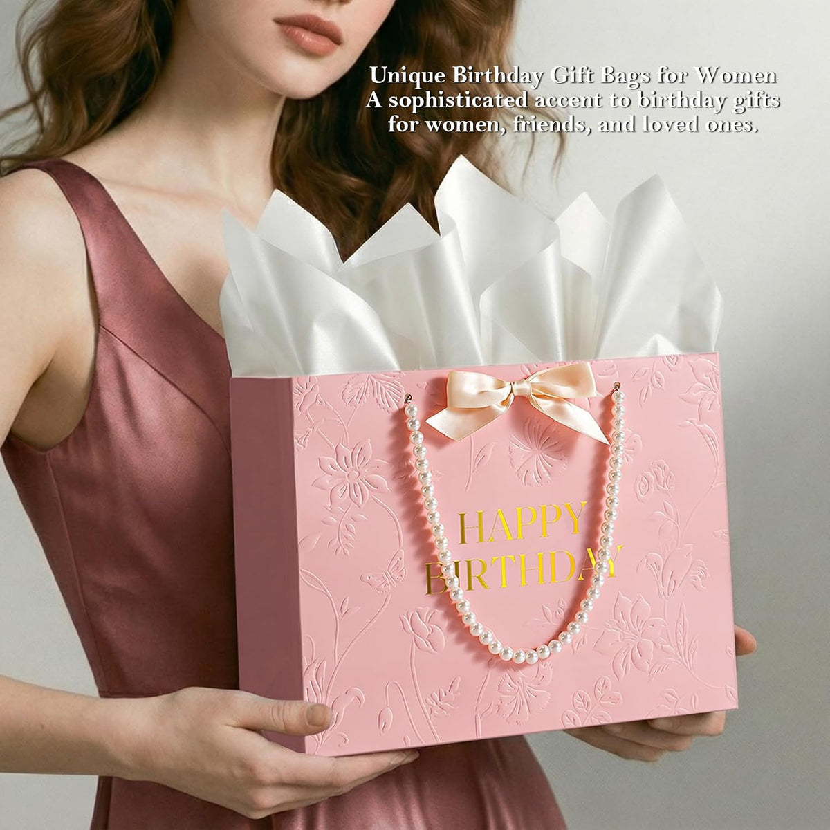 Pink Birthday Bags for Women with Pearl Handles, Tissue Paper and Card, Embossed Floral Design Happy Birthday Gift Bag for Women, Her, Female Friends，Coworkers