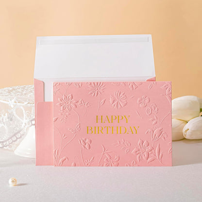 Pink Birthday Bags for Women with Pearl Handles, Tissue Paper and Card, Embossed Floral Design Happy Birthday Gift Bag for Women, Her, Female Friends，Coworkers
