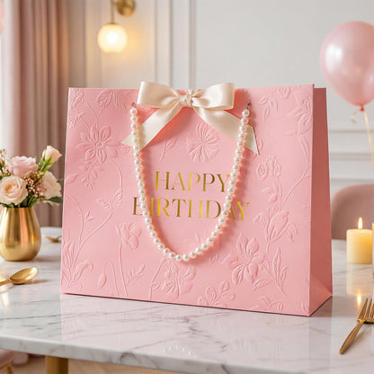 Pink Birthday Bags for Women with Pearl Handles, Tissue Paper and Card, Embossed Floral Design Happy Birthday Gift Bag for Women, Her, Female Friends，Coworkers