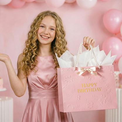 Pink Birthday Bags for Women with Pearl Handles, Tissue Paper and Card, Embossed Floral Design Happy Birthday Gift Bag for Women, Her, Female Friends，Coworkers