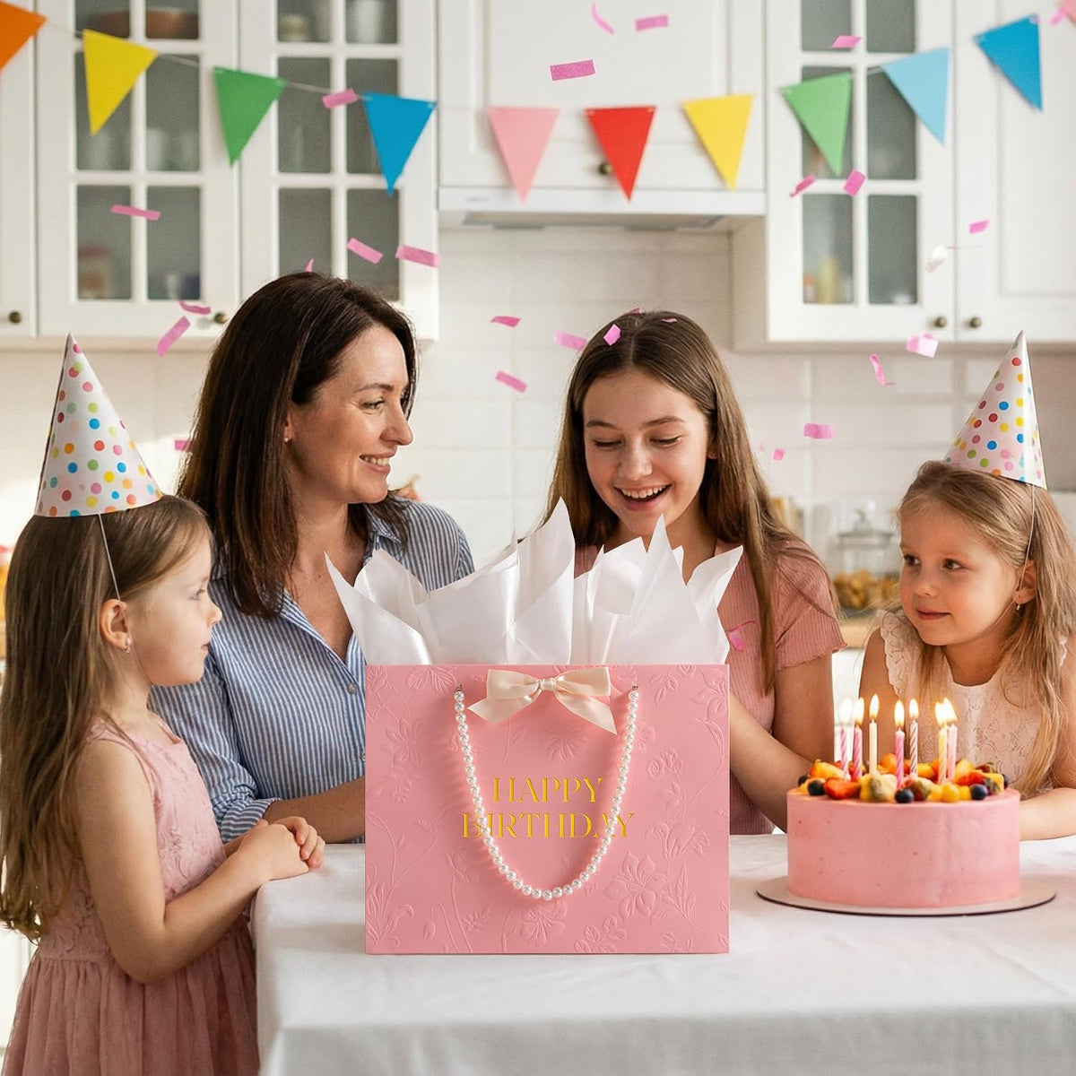 Pink Birthday Bags for Women with Pearl Handles, Tissue Paper and Card, Embossed Floral Design Happy Birthday Gift Bag for Women, Her, Female Friends，Coworkers