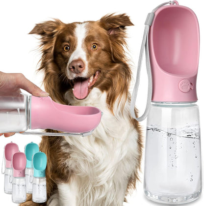 Dog Water Bottle, Leak Proof Portable Puppy Water Dispenser with Drinking Feeder for Pets Outdoor Walking, Hiking, Travel, Food Grade Plastic (19oz Pink)