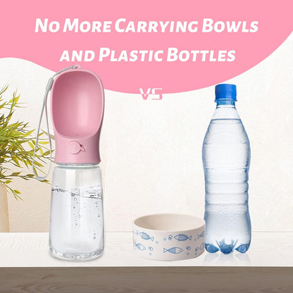 Dog Water Bottle, Leak Proof Portable Puppy Water Dispenser with Drinking Feeder for Pets Outdoor Walking, Hiking, Travel, Food Grade Plastic (19oz Pink)