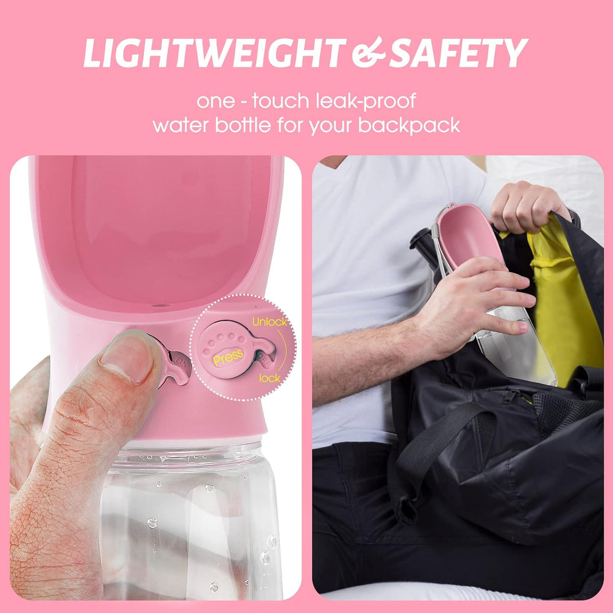 Dog Water Bottle, Leak Proof Portable Puppy Water Dispenser with Drinking Feeder for Pets Outdoor Walking, Hiking, Travel, Food Grade Plastic (19oz Pink)