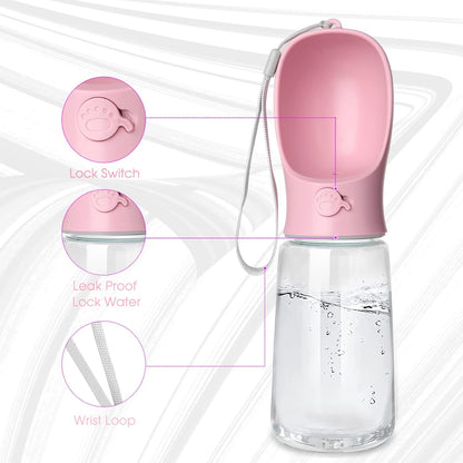 Dog Water Bottle, Leak Proof Portable Puppy Water Dispenser with Drinking Feeder for Pets Outdoor Walking, Hiking, Travel, Food Grade Plastic (19oz Pink)