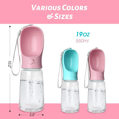 Dog Water Bottle, Leak Proof Portable Puppy Water Dispenser with Drinking Feeder for Pets Outdoor Walking, Hiking, Travel, Food Grade Plastic (19oz Pink)