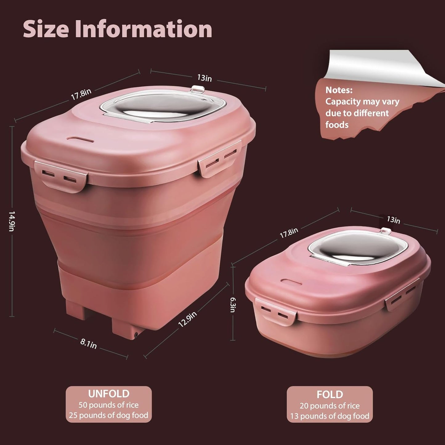 Cereal Rice Storage Containers, 20 to 50Lbs Collapsible Dry Food Dispenser Bins with Airtight Flip Lid Rolling Wheel, Kitchen Pantry to Store Sugar Flour, Dog Pet Cat Food Holder Container