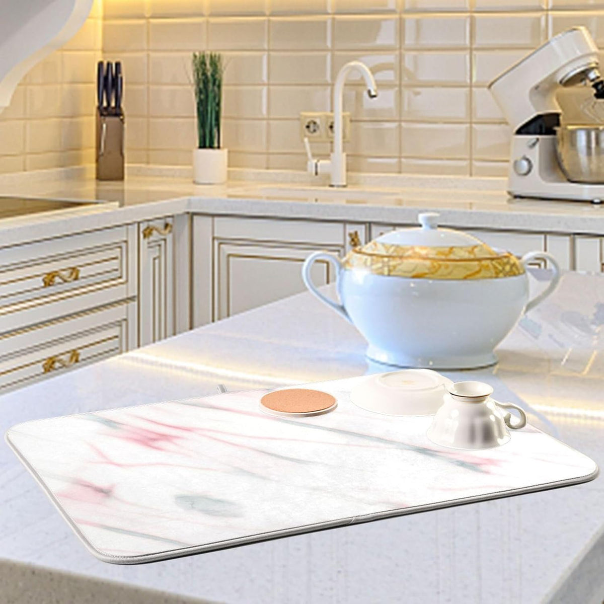 Absorbent Dish Drying Mats Floral Hanging Loop Mat Drying Pads Aesthetic White Light Pink for Kitchen Counter Mat, 16" x 18"