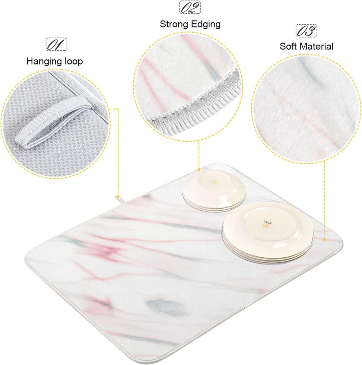Absorbent Dish Drying Mats Floral Hanging Loop Mat Drying Pads Aesthetic White Light Pink for Kitchen Counter Mat, 16" x 18"
