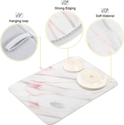 Absorbent Dish Drying Mats Floral Hanging Loop Mat Drying Pads Aesthetic White Light Pink for Kitchen Counter Mat, 16" x 18"