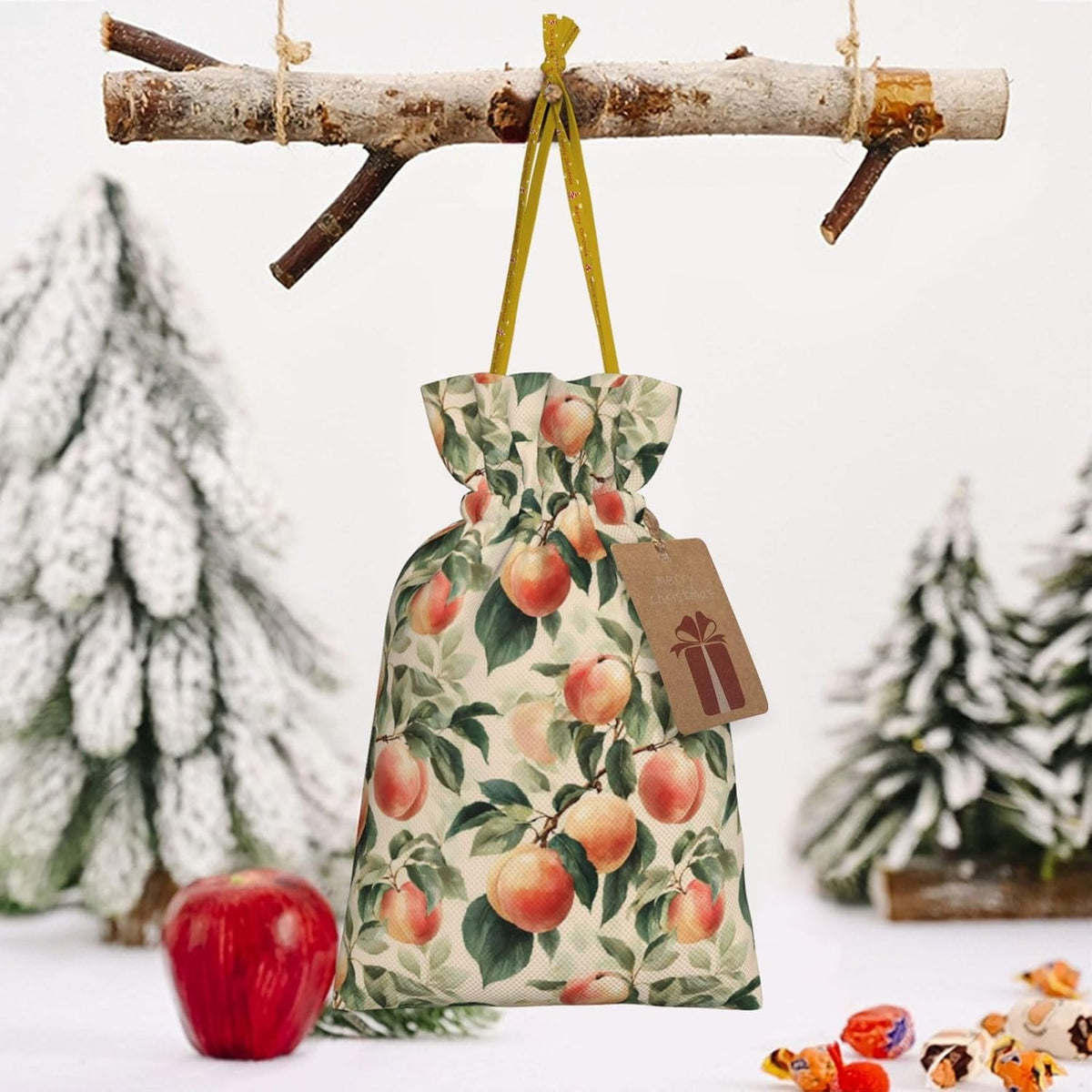 Peach Print Christmas Drawstring Gift Bags, Reusable Candy Treat Bags For Holiday Birthday Party