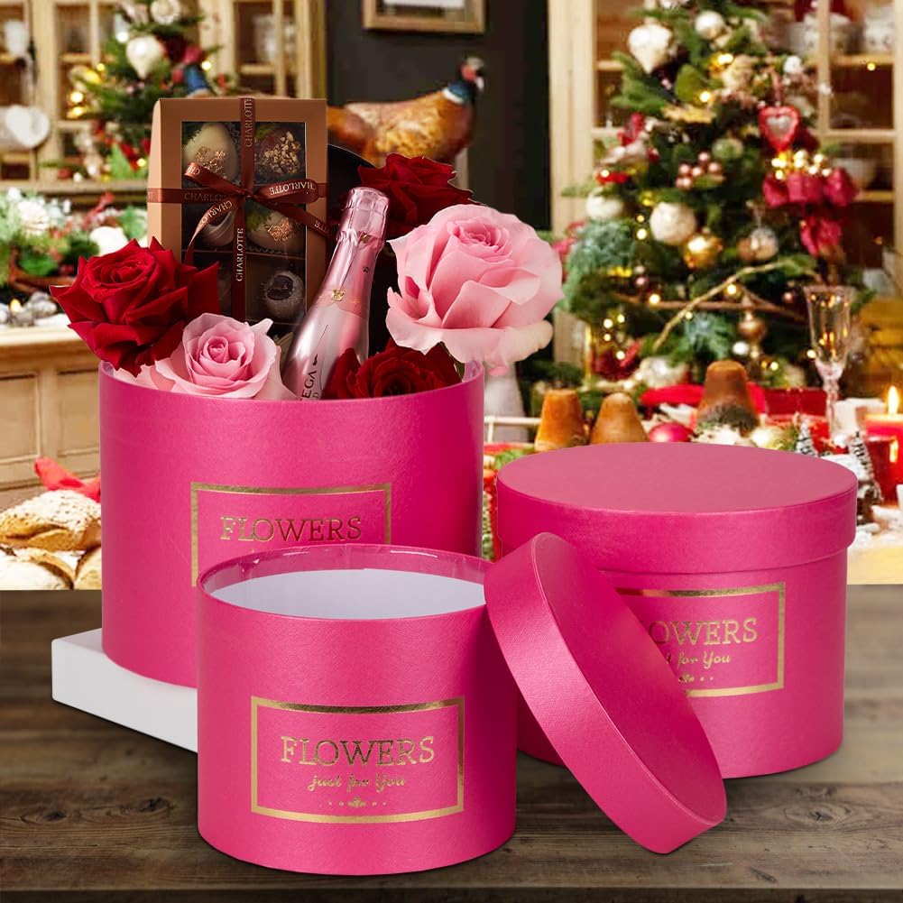Hot Pink Gift Box Round Gift Boxes with Lids Plastic Liner Set of 3 Nesting Gift Boxes for Presents Assorted Sizes Flower Boxes for Arrangements Birthday Wedding Bridesmaid Graduation Party Gift Bags