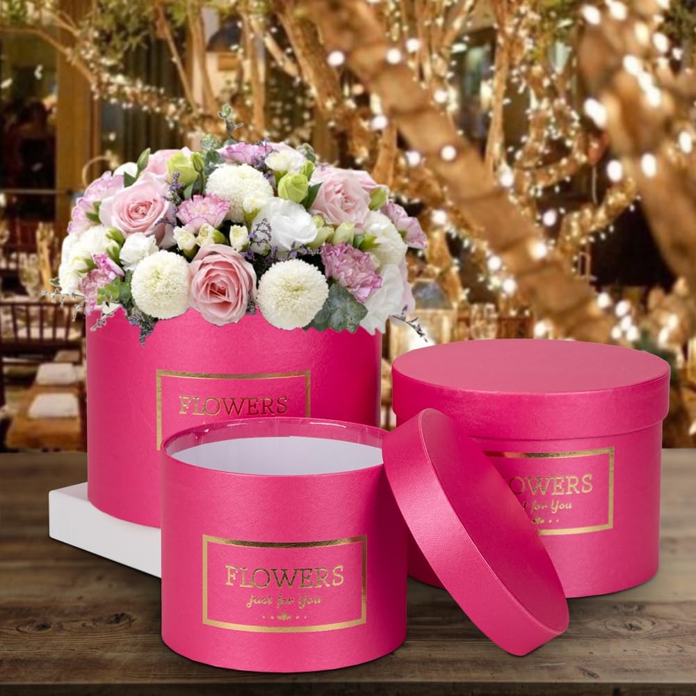 Hot Pink Gift Box Round Gift Boxes with Lids Plastic Liner Set of 3 Nesting Gift Boxes for Presents Assorted Sizes Flower Boxes for Arrangements Birthday Wedding Bridesmaid Graduation Party Gift Bags