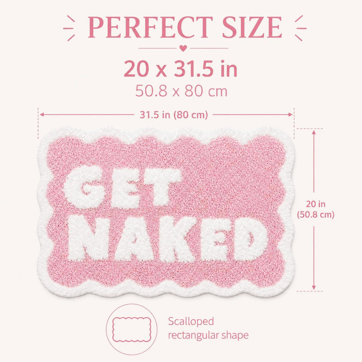 Scalloped Pink Bath Rug, Get Naked Cute Bathroom Rug, Soft Absorbent Quick Dry Bath Mat, TPR Non Slip Backing, Microfiber Mat for Shower Tub Sink Vanity 20" x 31.5"